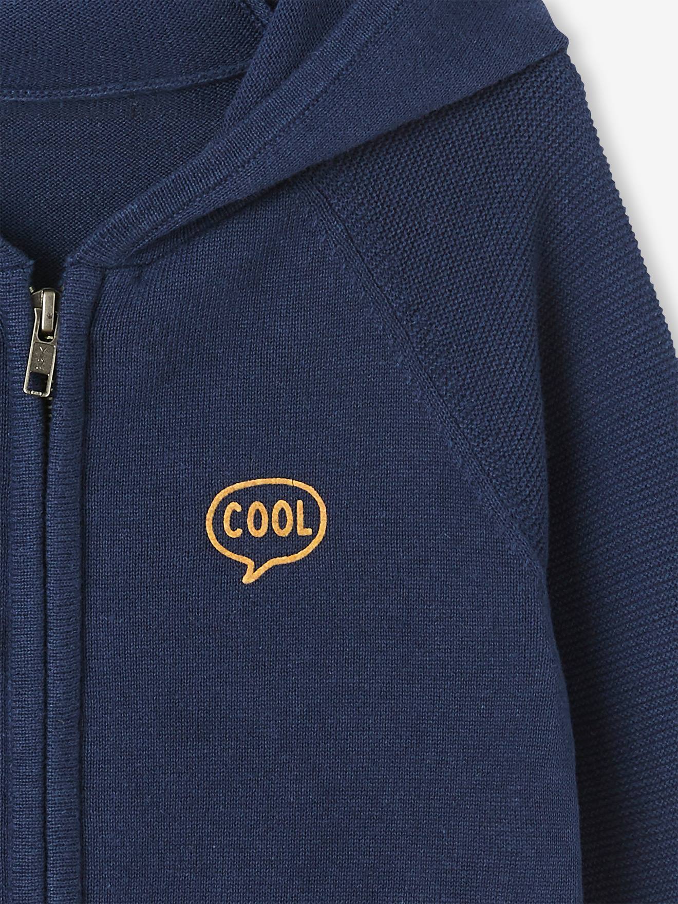 Cardigã com capuz e bojo, para meninos, azul liso com estampas.
