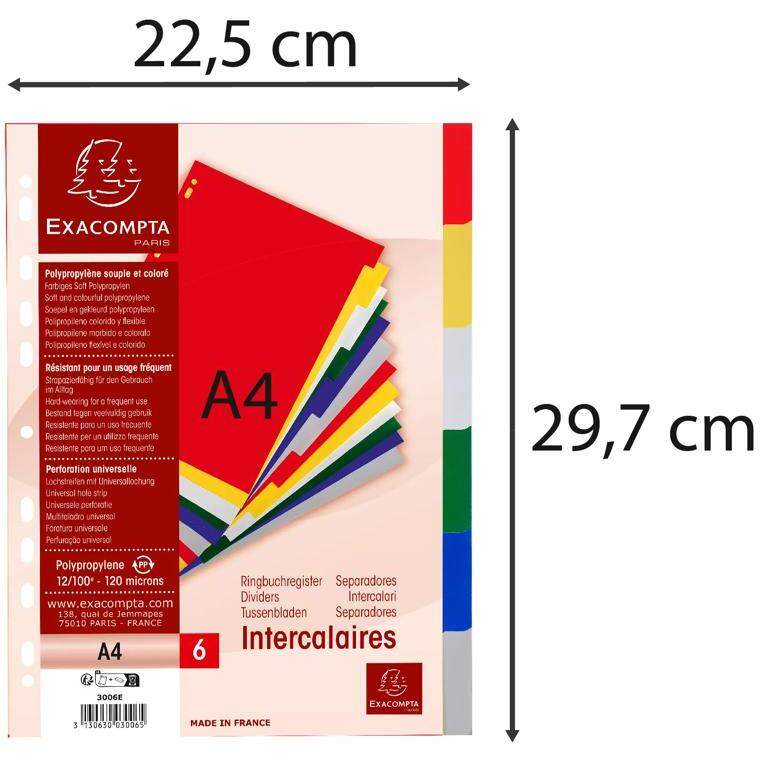 Intercalaires polypropylène souple 6 positions - A4 - Couleurs assorties