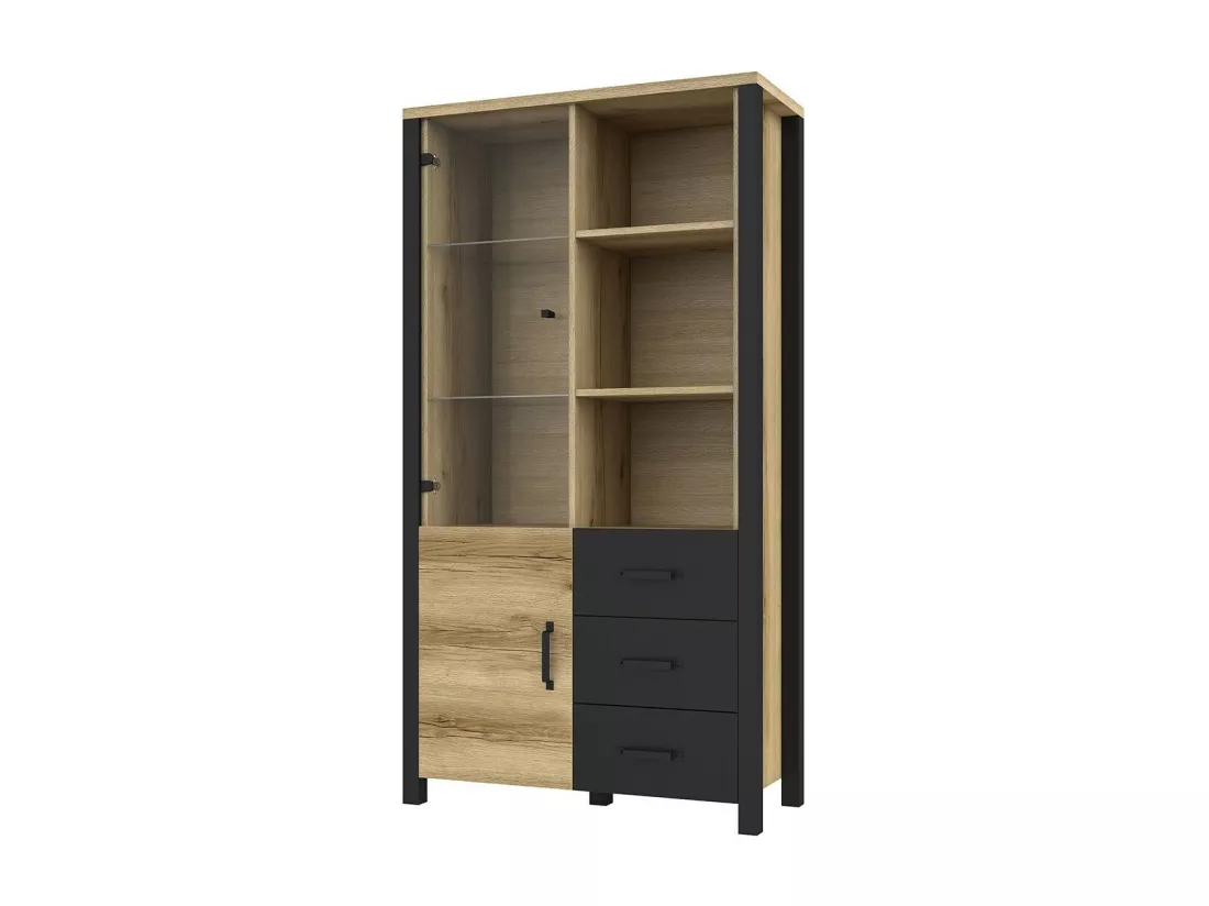 Vitrine large design collection DARWIN. Couleur chêne clair et noir. 2 portes, 3 tiroirs, 3 niches