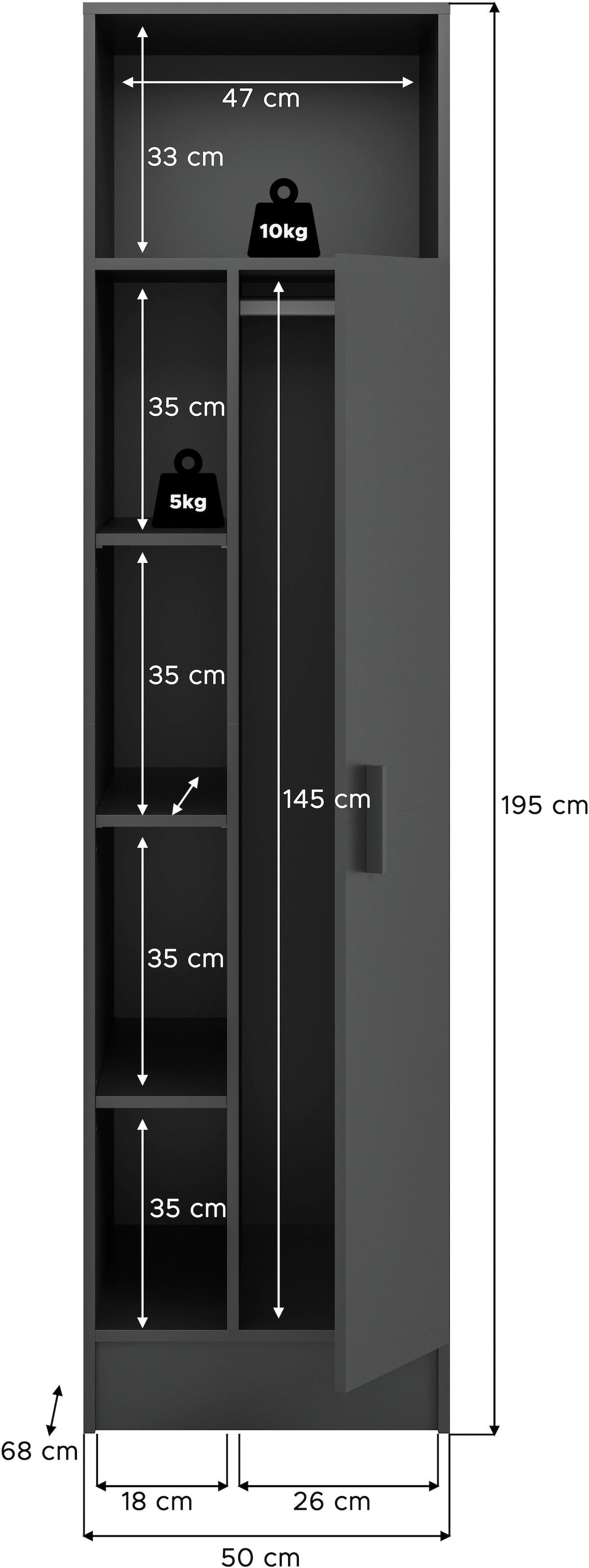 welltime Mehrzweckschrank »FALAS, TOPSELLER!, Höhe 195cm, 1 Tür, 1 Kleiderstange, 5 offene Fächer« in verschiedenen Farben erhältlich, 1 Stk. tlg. Universalschrank, Wäscheschrank, Badezimmer, Hauswirtschaftsschrank