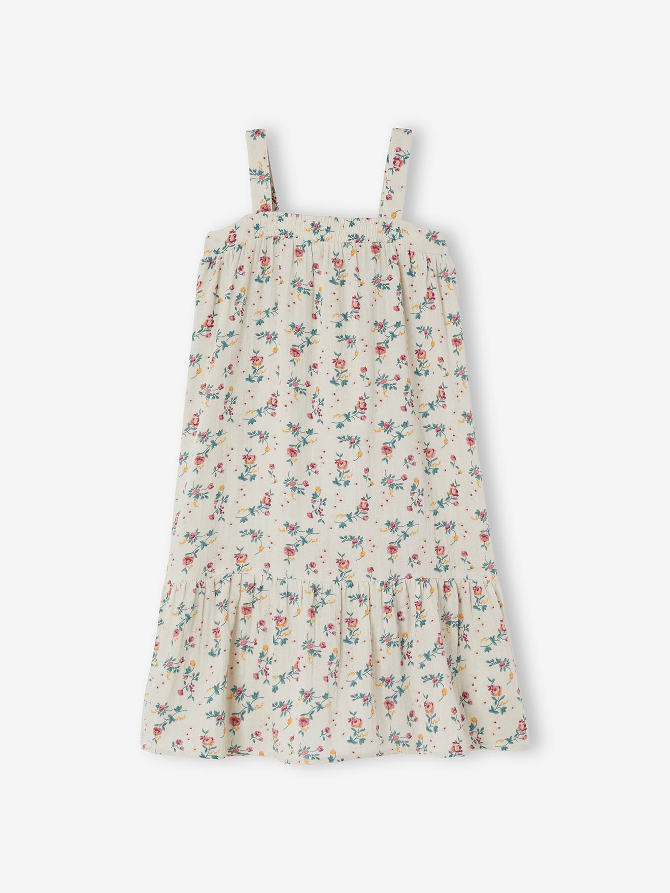 Vestido longo de chiffon de algodão para meninas, branco claro com estampa.