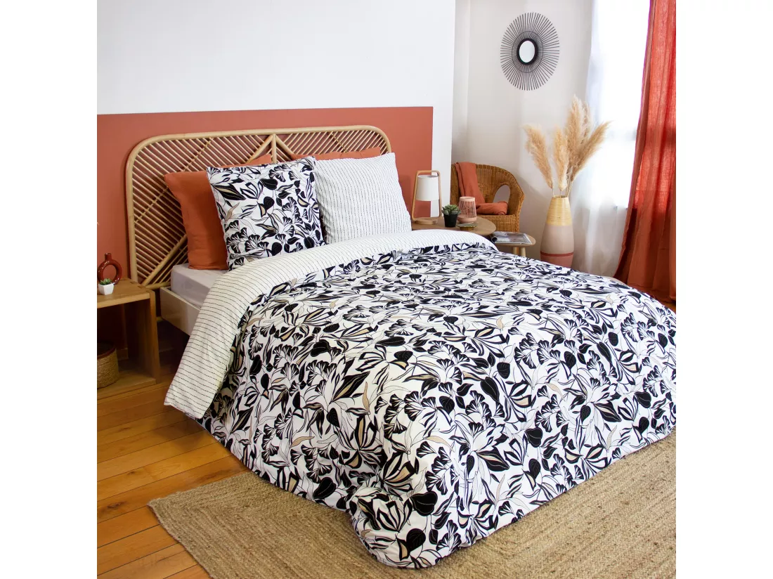 Parure de lit 240x220 cm en microfibre FLORE noir et blanc floral 3 pièces