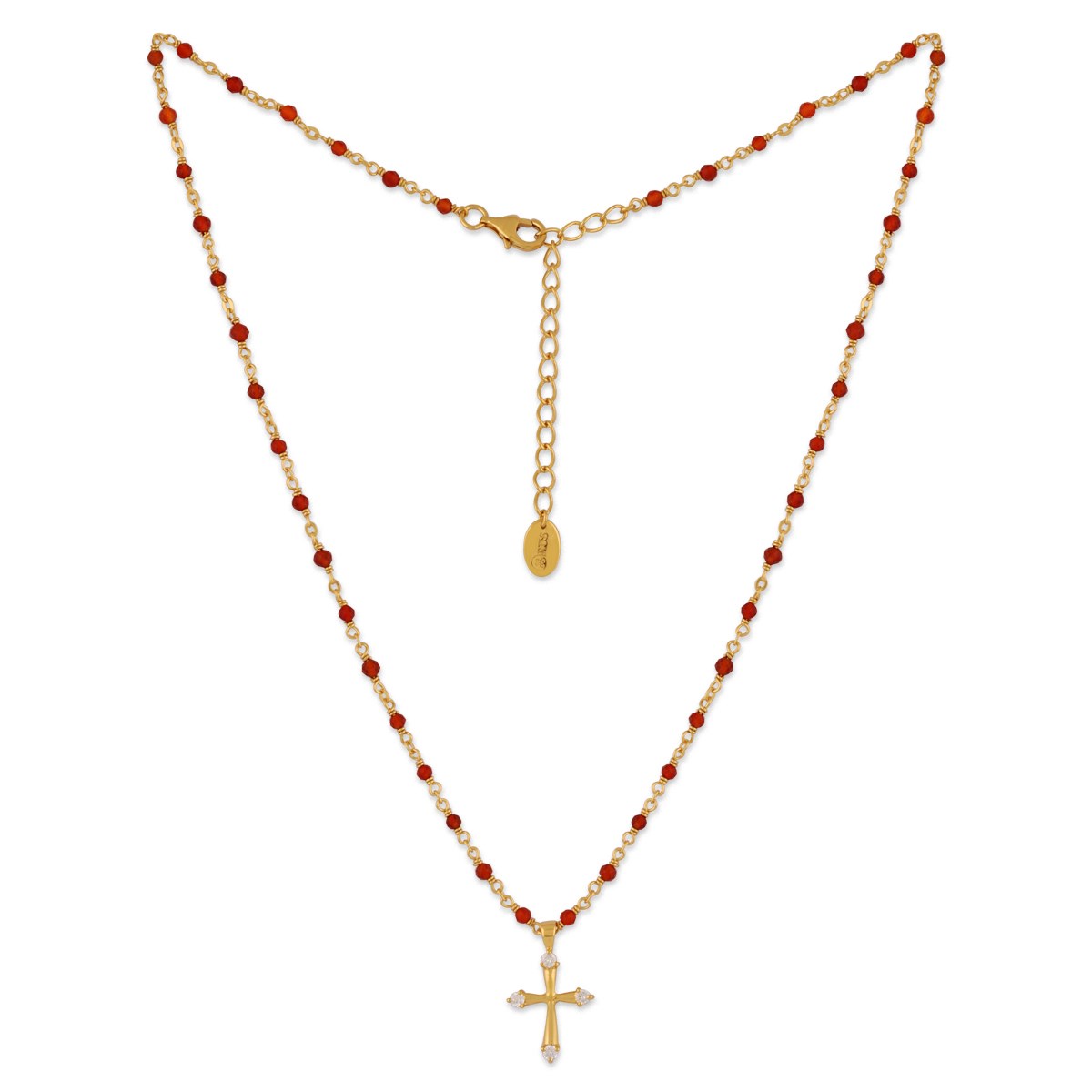 Collier Argent Doré Croix Et Pierres Naturelles Rouge