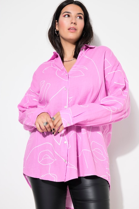 Hemdbluse, oversized, Musselin, Print, Langarm