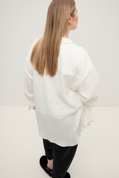 Hemdbluse, oversized, Stickerei, Hemdkragen, Langarm, Musselin