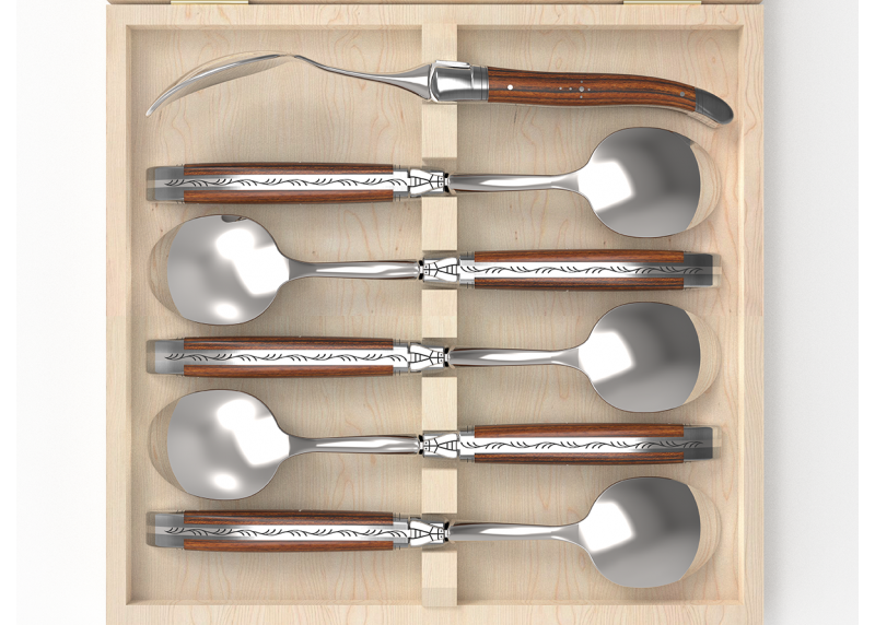 Service de 6 petites cuillères Laguiole avec un manche en bois de bocote et mitres en acier inoxydable