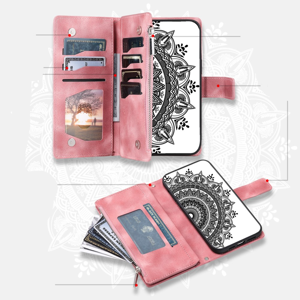 iPhone 15 Leder Tasche Flip Cover mit Reissverschluss - Mandala Flowers Imprint - Rosa