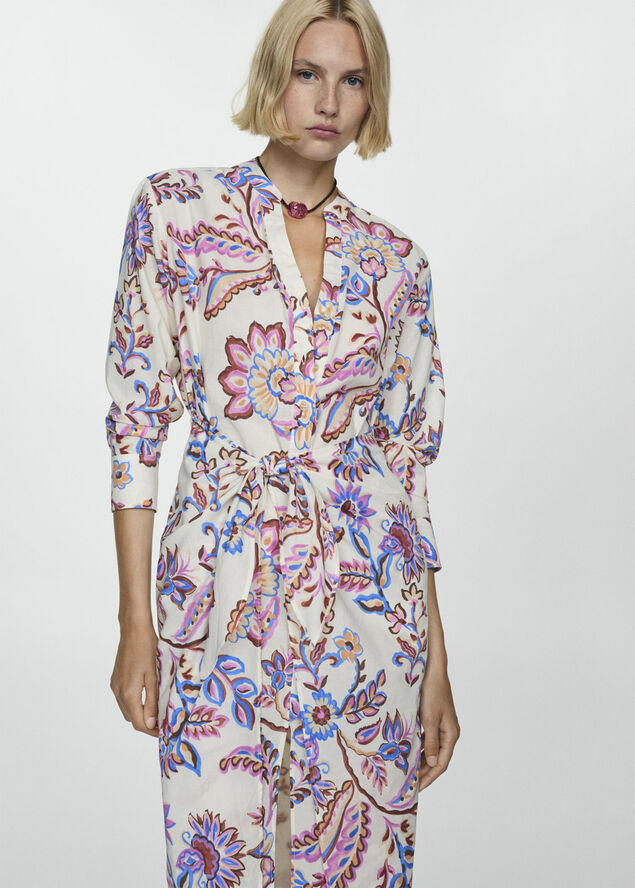 MANGO Floral print dress with bow Light beige