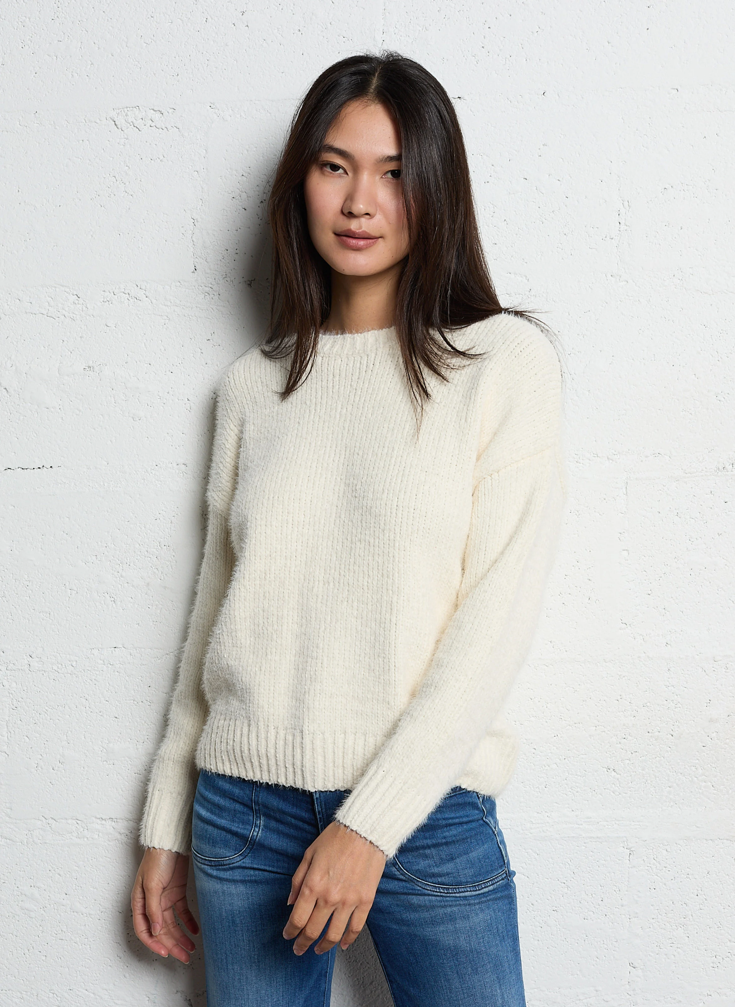 DAISY - Pull col rond en maille mélangée| Blanc