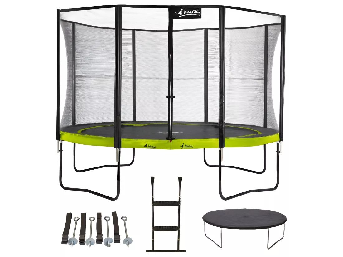 Kangui - Trampoline de jardin 365 cm + filet + échelle + bâche + kit ancrage | PUNCHI Vert.