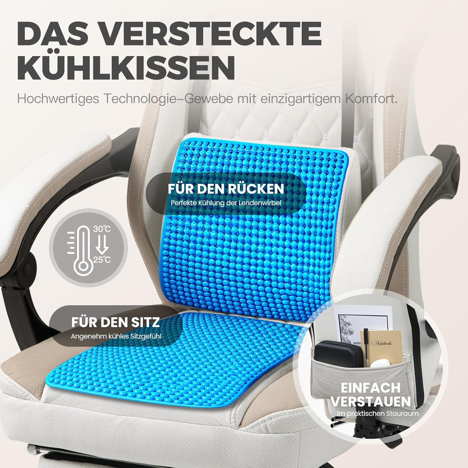 Dowinx Gaming Stuhl Stoff, Massage Gaming Sessel mit Fußstütze, Ergonomischer PC Stuhl Gamer Stuhl Bürostuhl 150 kg belastbarkeit, Beige