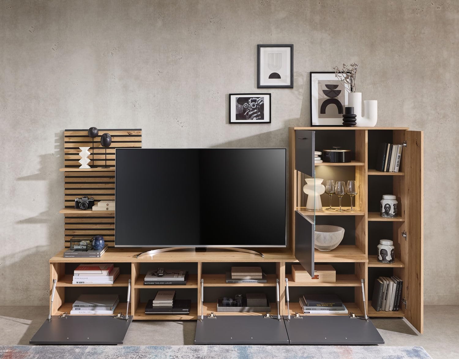 moebel-dich-auf Wohnwand Anbauwand Wohnzimmer-Set Ancona in Artisan Eiche Nb. / anthrazit, Wandboard + Lowboard + Vitrine (BxHxT) 250x135x38 cm
