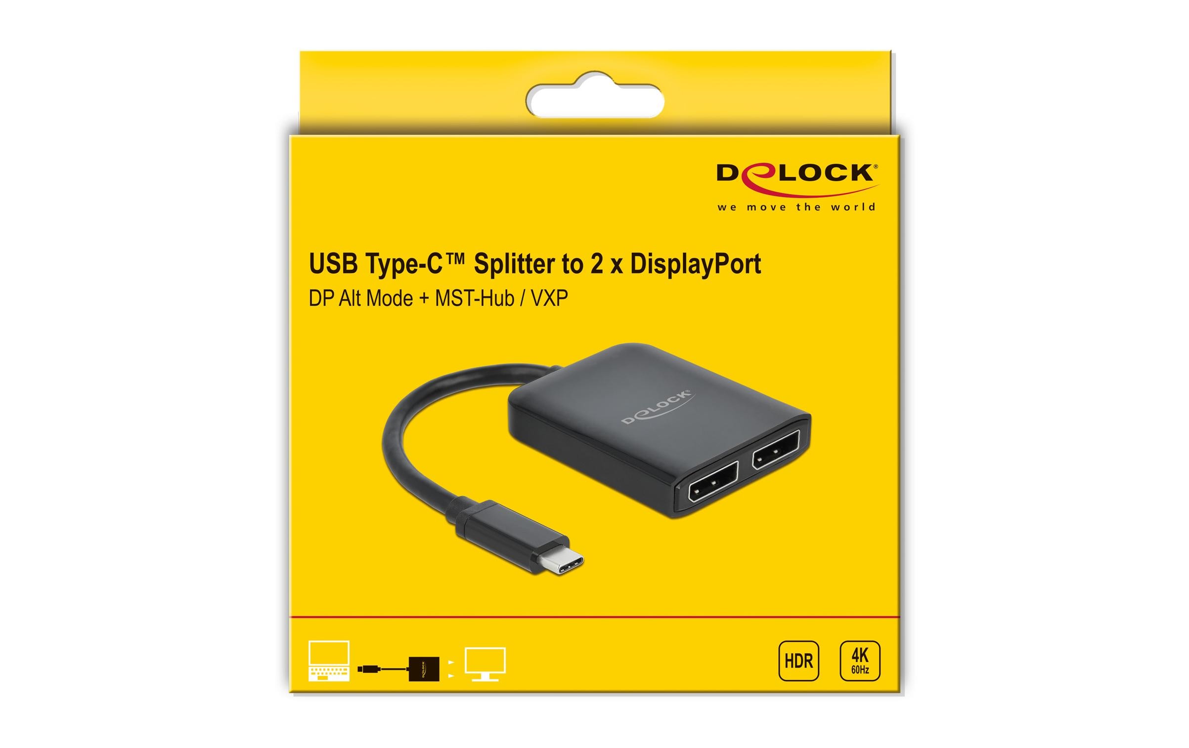 2-Port Signalsplitter USB-C – Displayport MST/VXP supportDelock USB Type-C Splitter (DP Alt Mode) zu 2 x DisplayPort MST / VXP