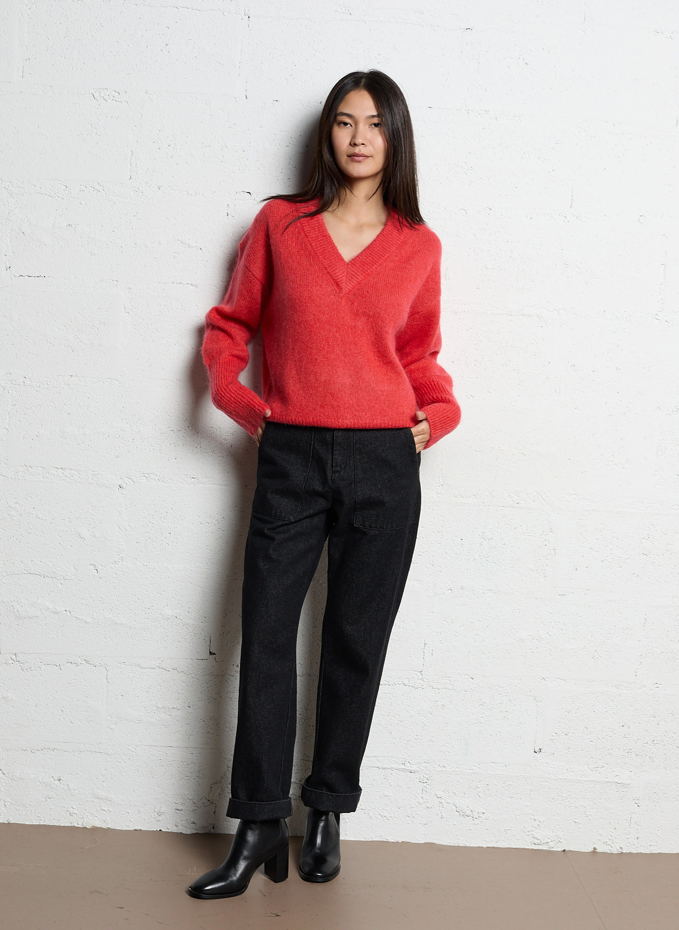 LORE - Pull ample col V en laine et soie | Rouge