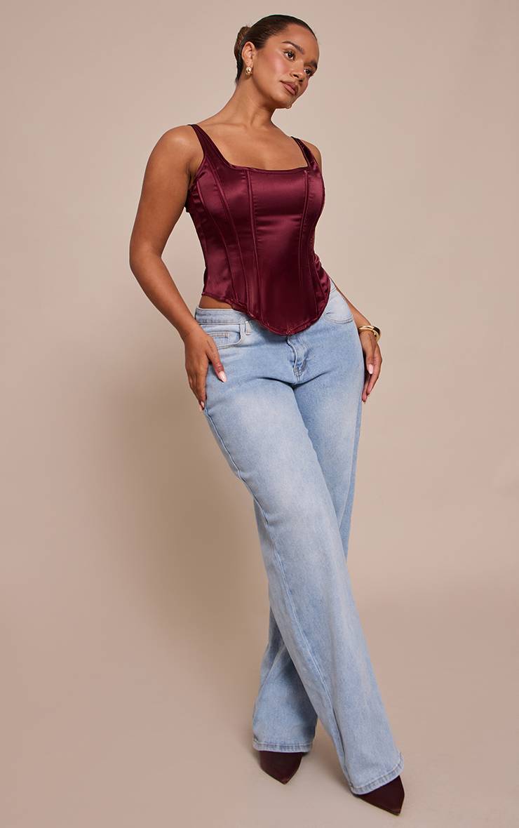 Rouge Bordeaux Top Corset Long À Encolure Carrée En Satin Shape