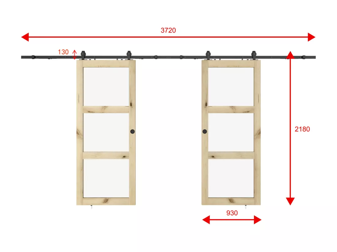 Porte coulissante double avec système en applique en bois et verre trempé dépoli - 3 fenêtres - 2 x H205 x L93 cm - ACOSTA II