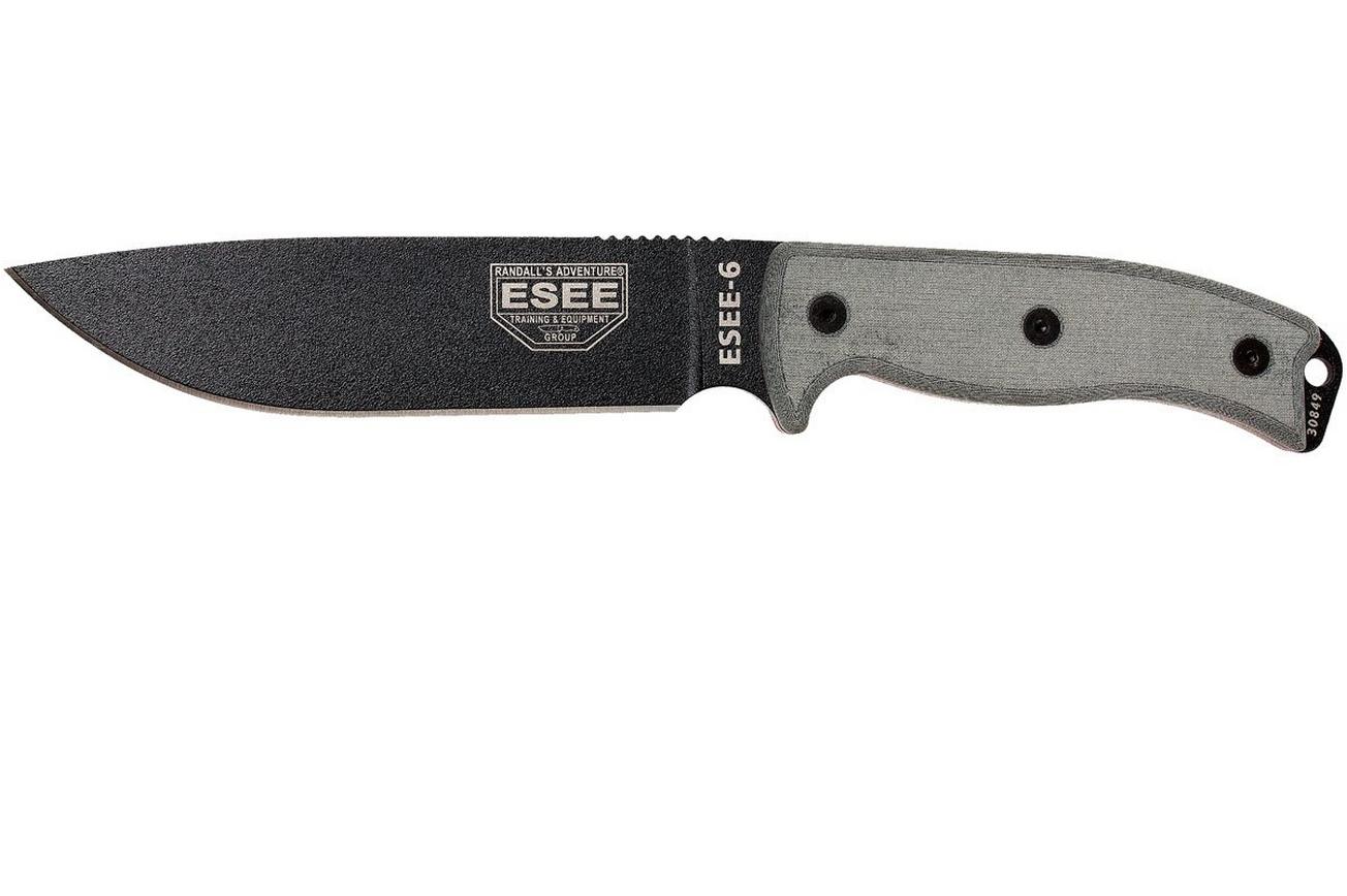 ESEE Model 6 black blade, grey handle 6P met bruine schede   riemclip