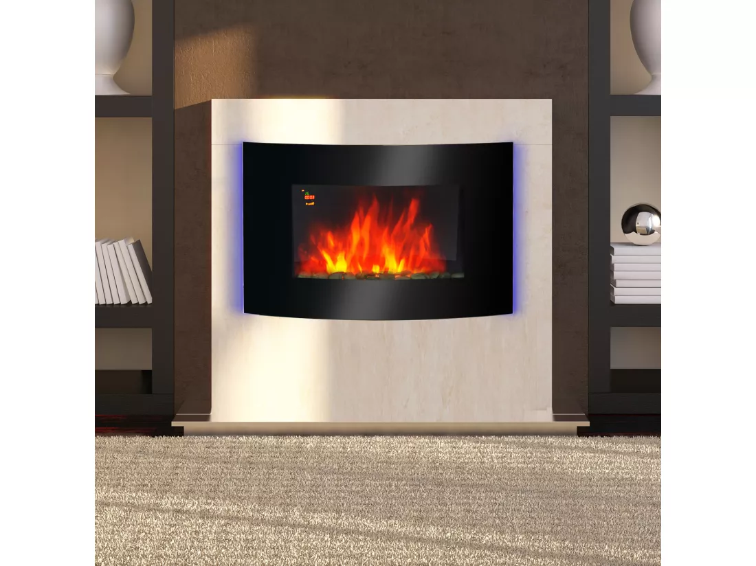 Cheminée électrique murale éclairages latéraux LED design avant-gardiste affichage LED avec télécommande et minuterie 1000/2000 W luminosité réglable noir