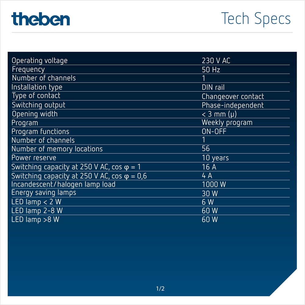 Theben 6080101 TR 608 top2 S - digitale 1-kanaals tijdschakelklok met weekprogramma, timer