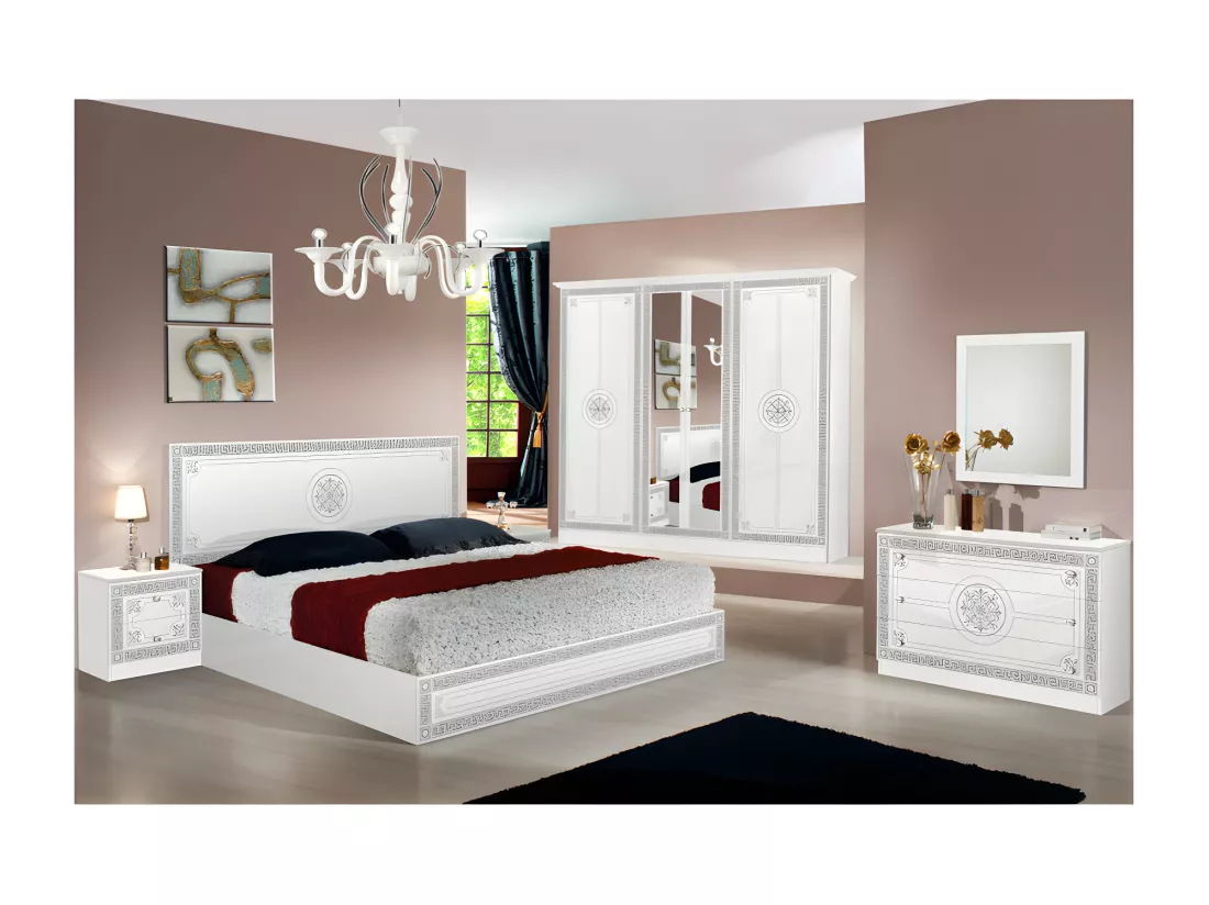 Chambre complète 160*200 Blanc/Gris - HURFA - Lit : L 165 x l 206 x H 106 cm