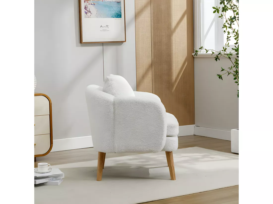 Fauteuil Canapé Fauteuil avec coussin à pieds en bois massif moderne et sobre en Teddy Tissu Blanc