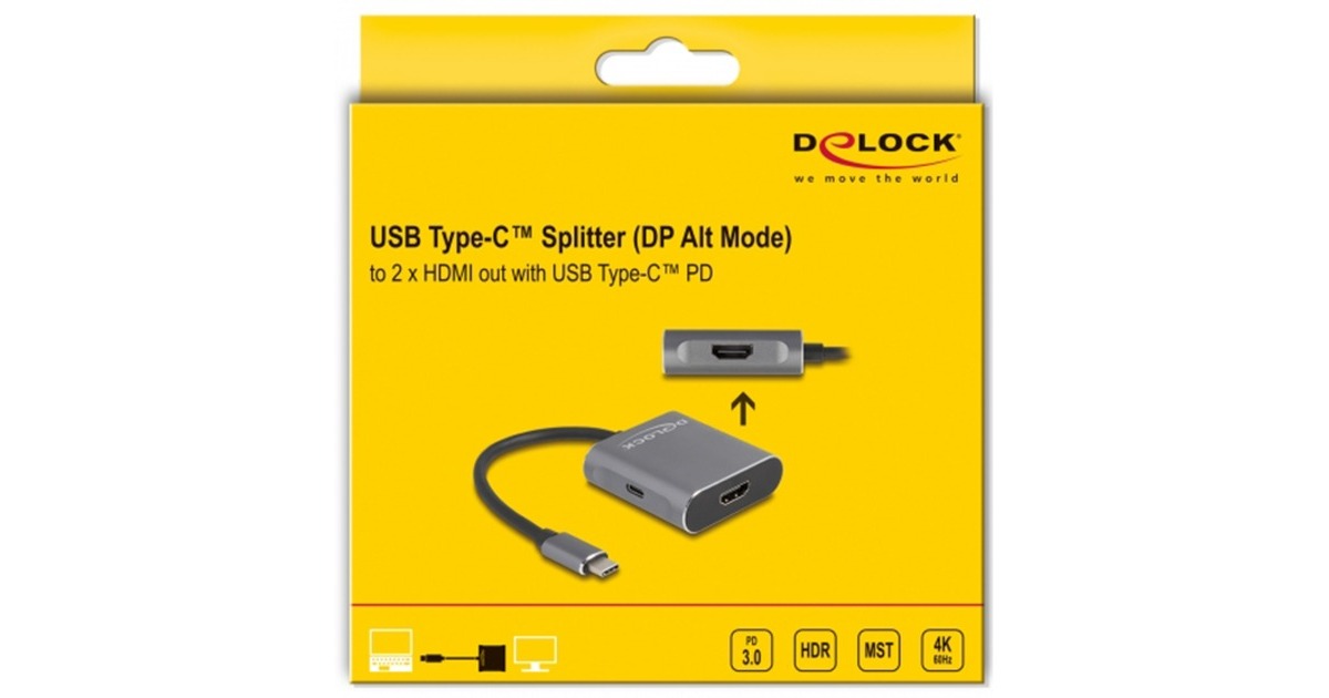DeLOCKUSB Type-C Splitter (DP Alt Mode) to 2 x HDMI MST met USB Type-C PD hdmi splitter  (Grijs)
