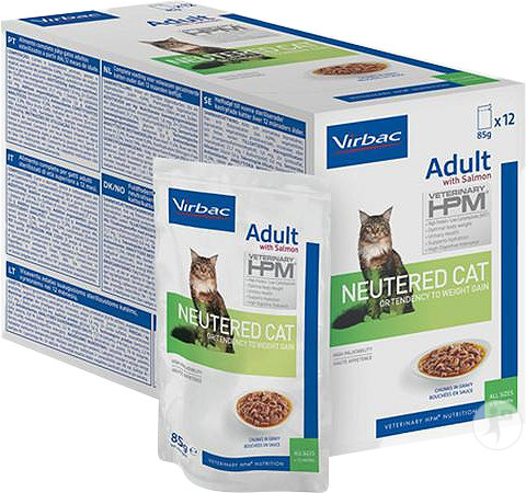 Veterinary HPM Cat Adult Neutered Salmon Chunks In Gravy 12x85g