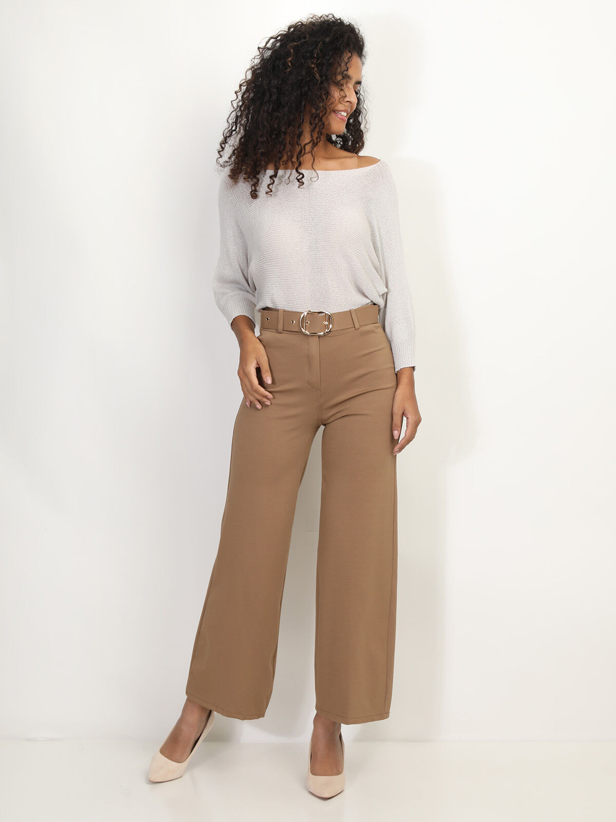 Pantalon évasé avec ceinture- Camel
