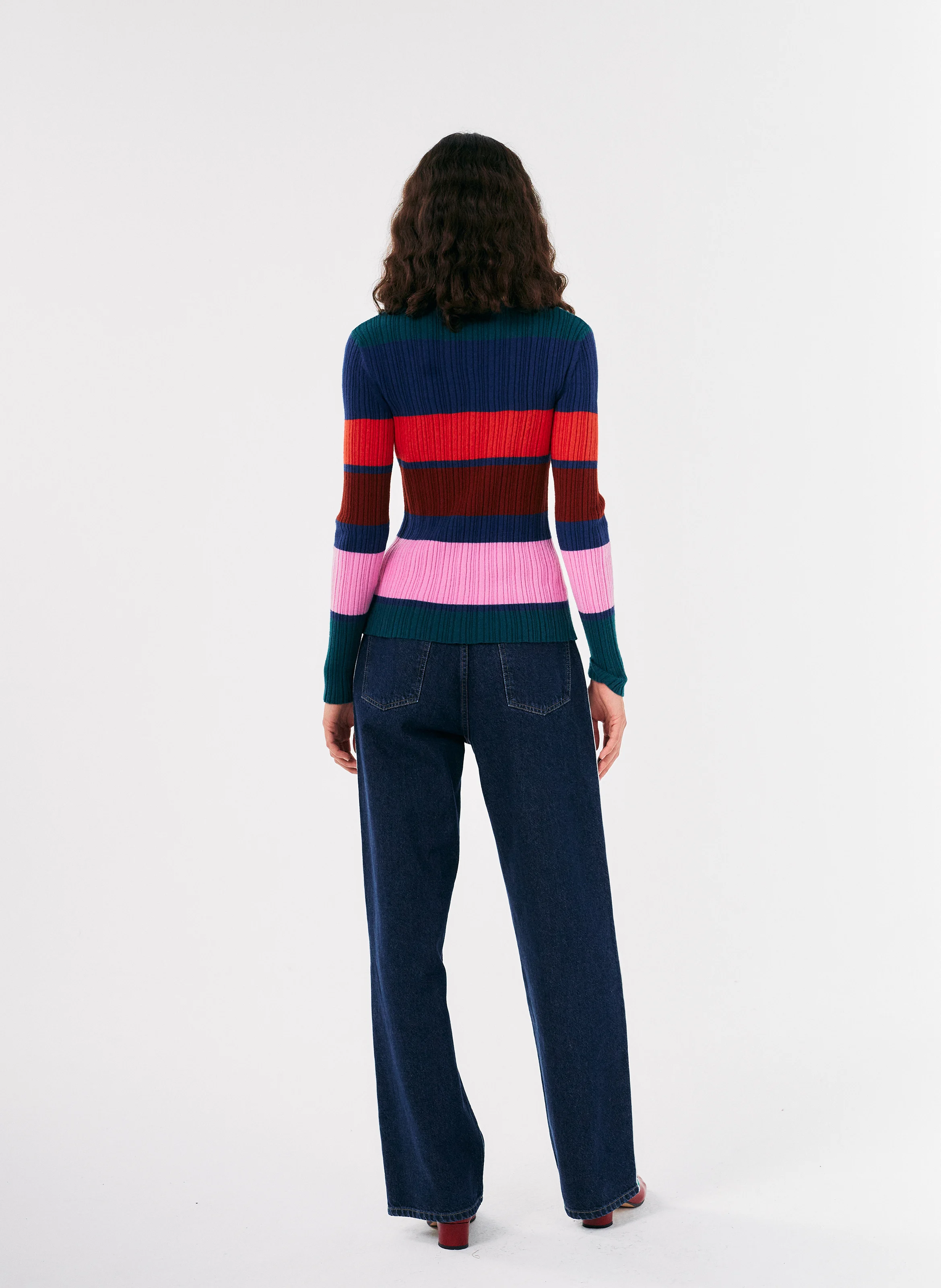 Pull cintré col montant rayé en maille mélangée | Multicolore