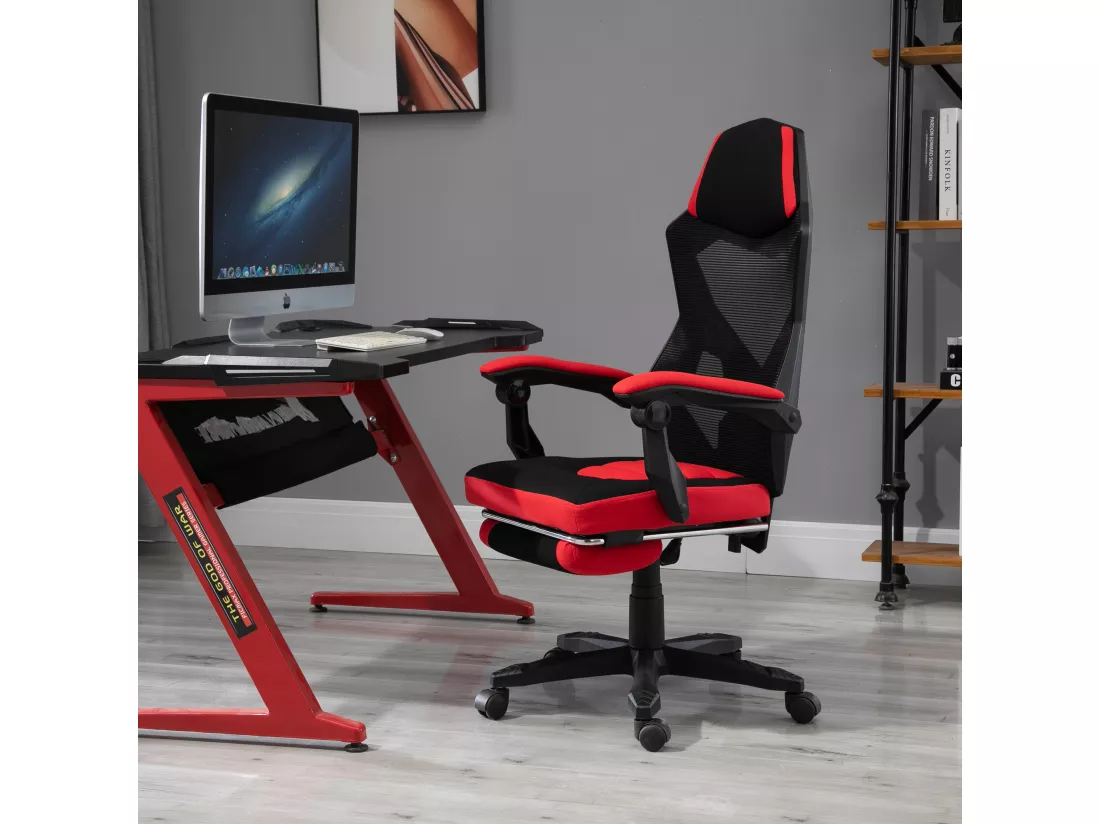Fauteuil gaming chaise gamer dossier et hauteur réglable roulettes pivotantes repose-pied tissu maille rouge noir