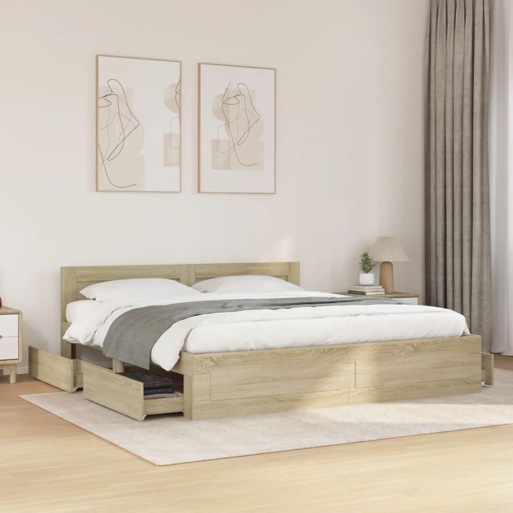 vidaXL Bettgestell, Bett mit Kopfteil, Bettrahmen mit Lattenrost, Doppelbett Schlafzimmerbett mit Stauraum, Sonoma-Eiche 200x200cm Holzwerkstoff