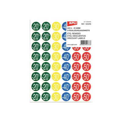 Apli Agipa - 240 Pastilles adhésives - étiquettes remise -20% à -50% - couleurs assorties