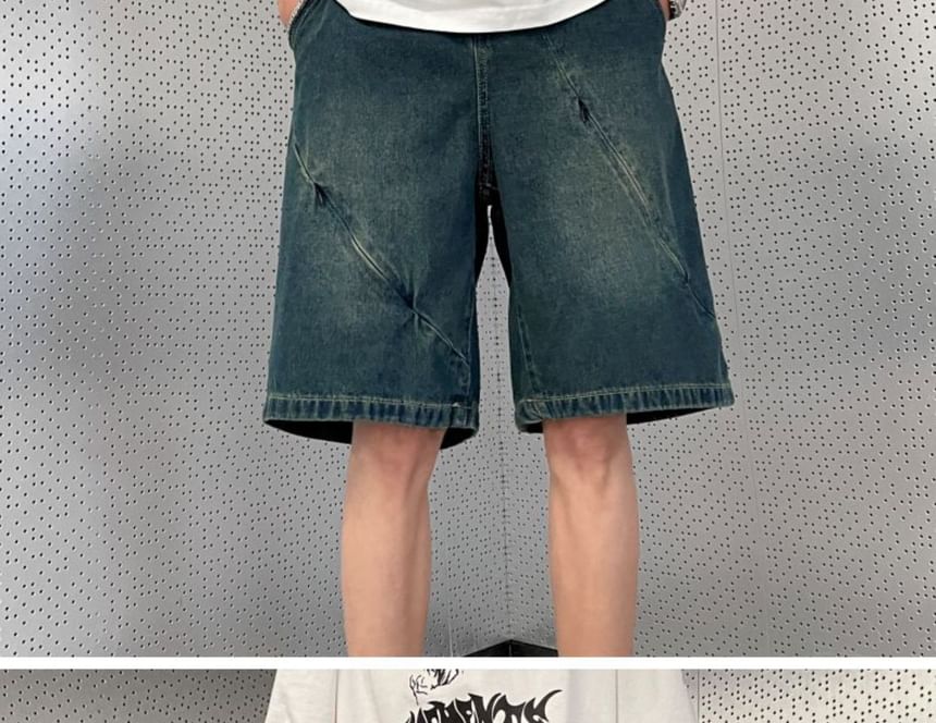 Phoneus - Mid Rise Washed Panel Denim Shorts