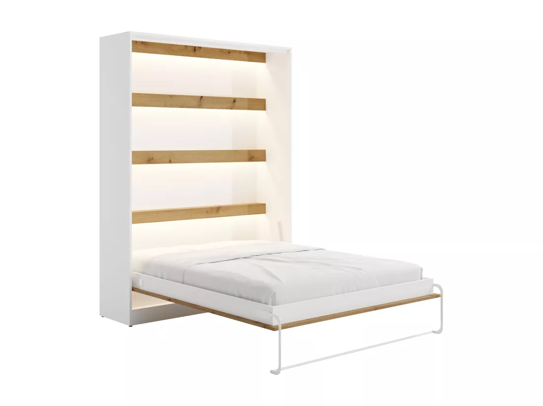 Lit escamotable 160 x 200 cm - Ouverture verticale manuelle - Avec LEDs - Blanc et naturel - RAPILI