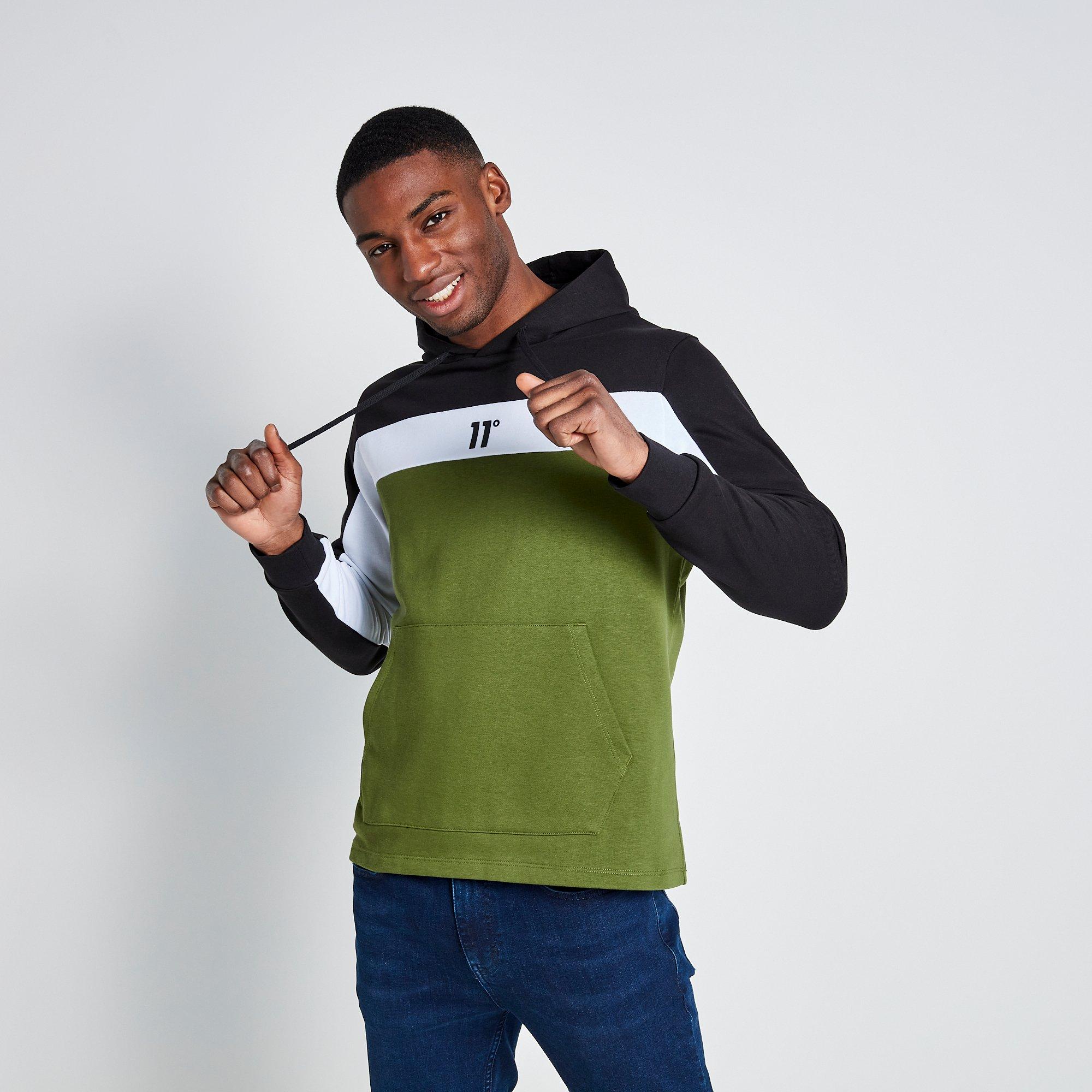 11 Degrees 11D Cut and Sew Panelled Hoodie Black  Darkest Spruce Green