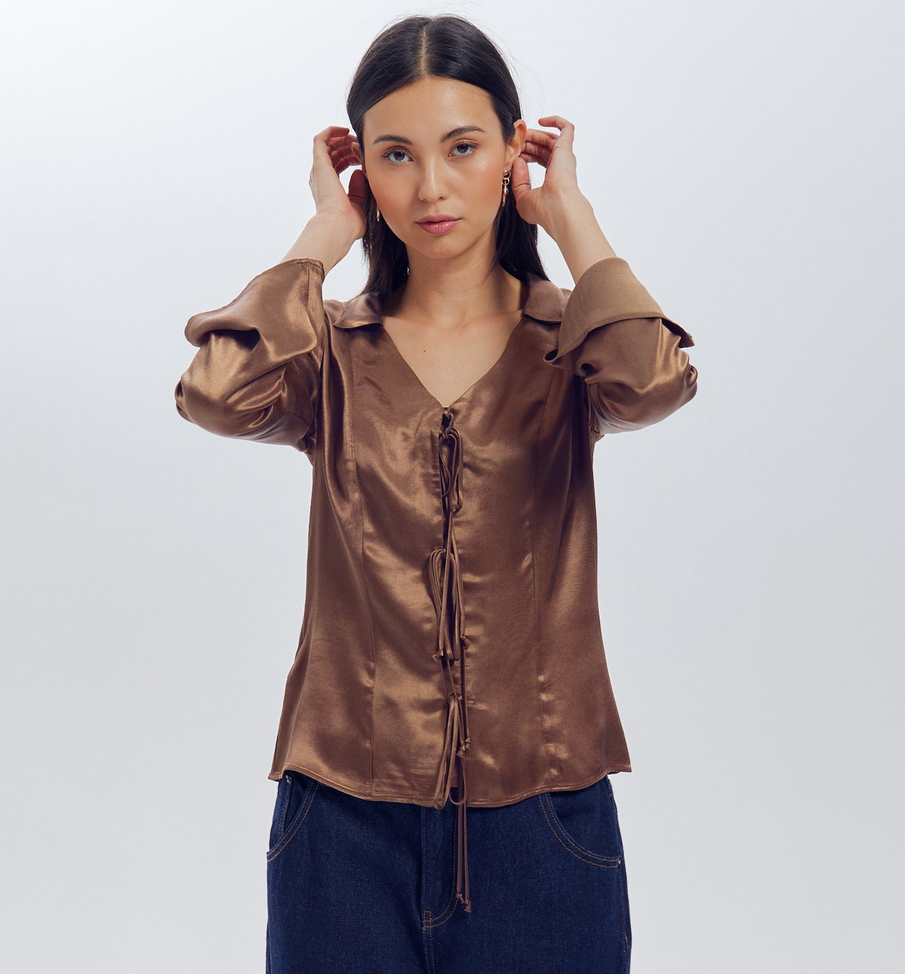 Blouse en satin uni Femme - Marron moyen