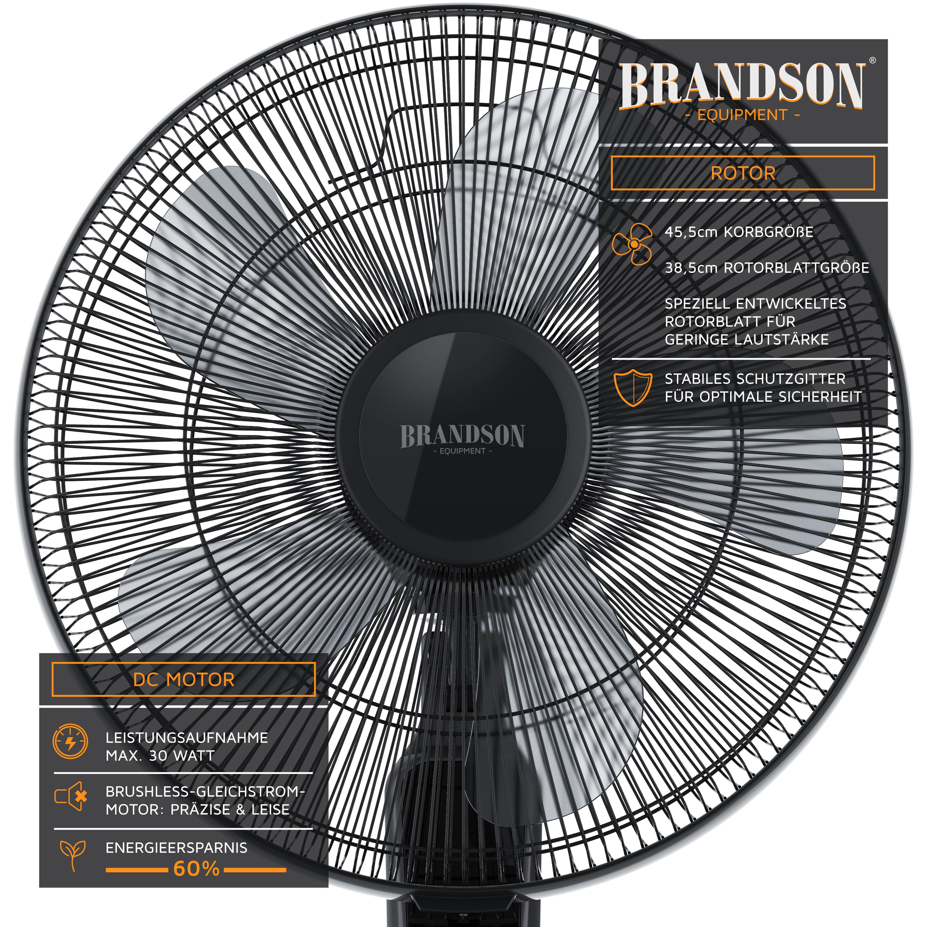 Brandson Standventilator 45,5cm Ø, DC, leise, Fernbedienung, energiesparend, Oszillation, 25 Stufen, schwarz