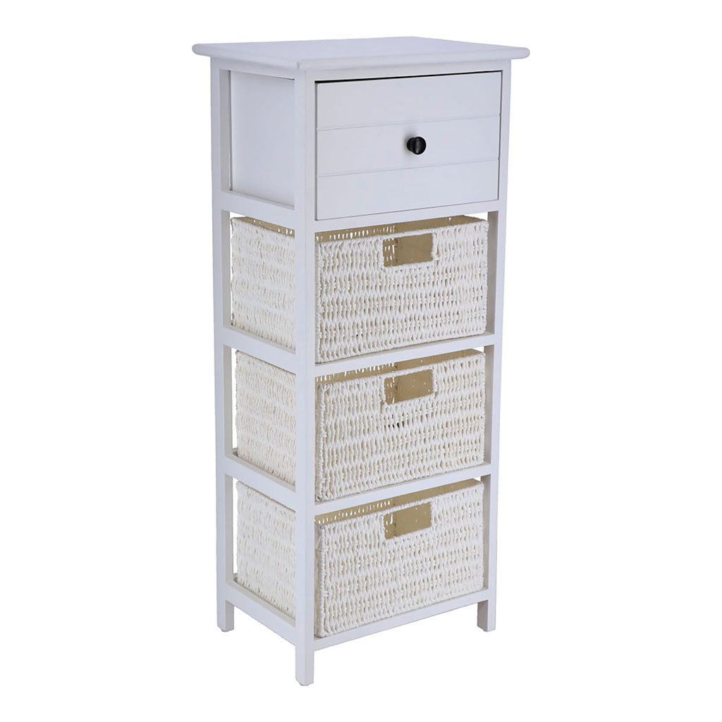 Meuble de rangement paulownia 3 paniers 1 tiroir blanc 37.5x86x27.5cm