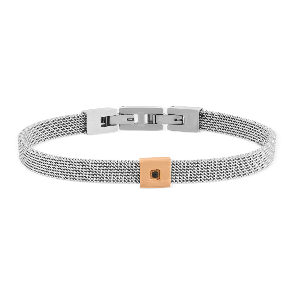 Bracelet acier bicolore doré rose zirconia noir 21 cm