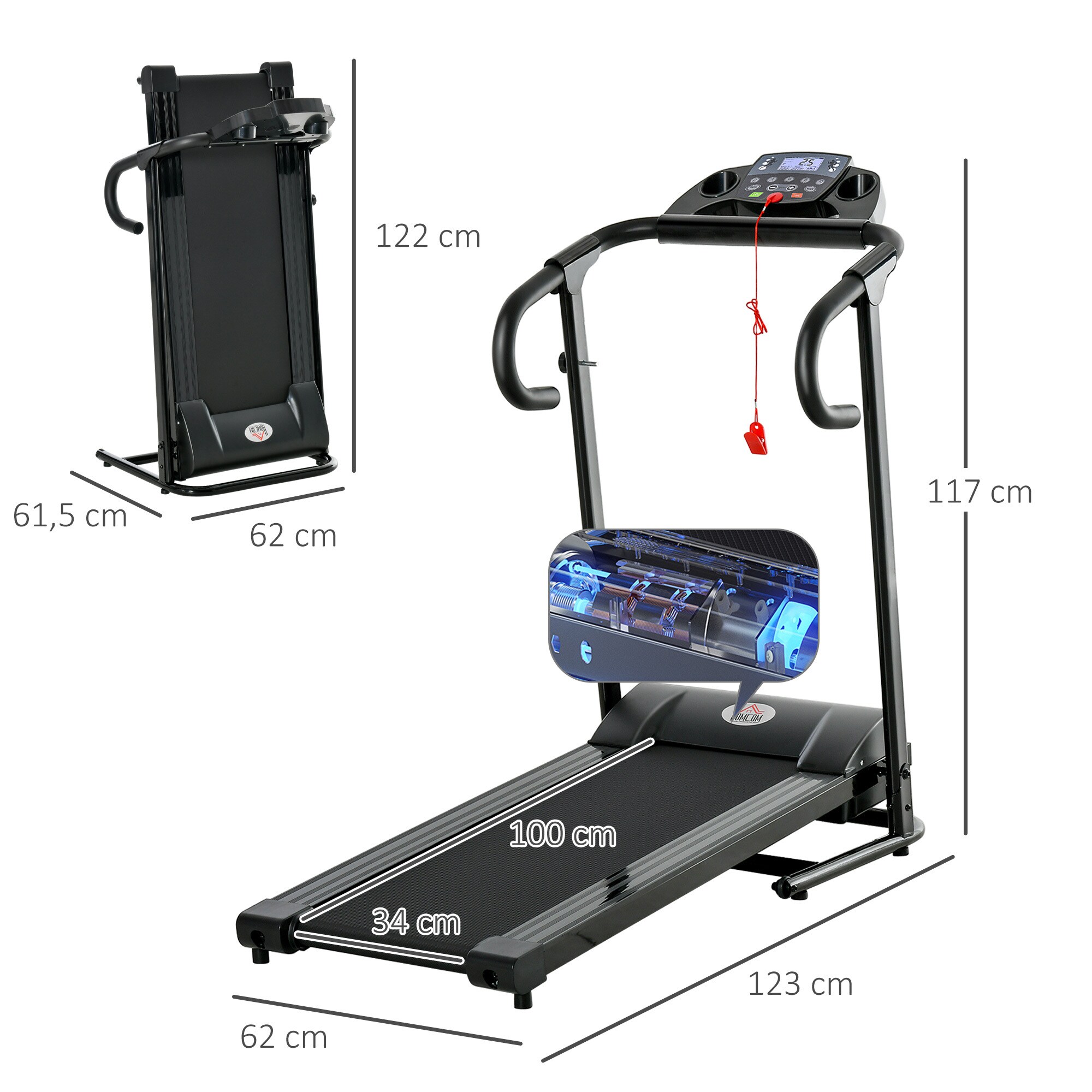 HOMCOM Laufband mit Handyhalterung schwarz 123L x 62B x 117H cm