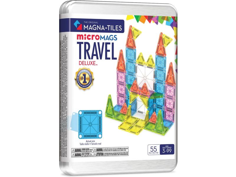 Magna-Tiles MicroMAGS Travel Deluxe 55 Teile Set mit 55 magnetischen Mini-Bauteilen und praktischer Metallbox