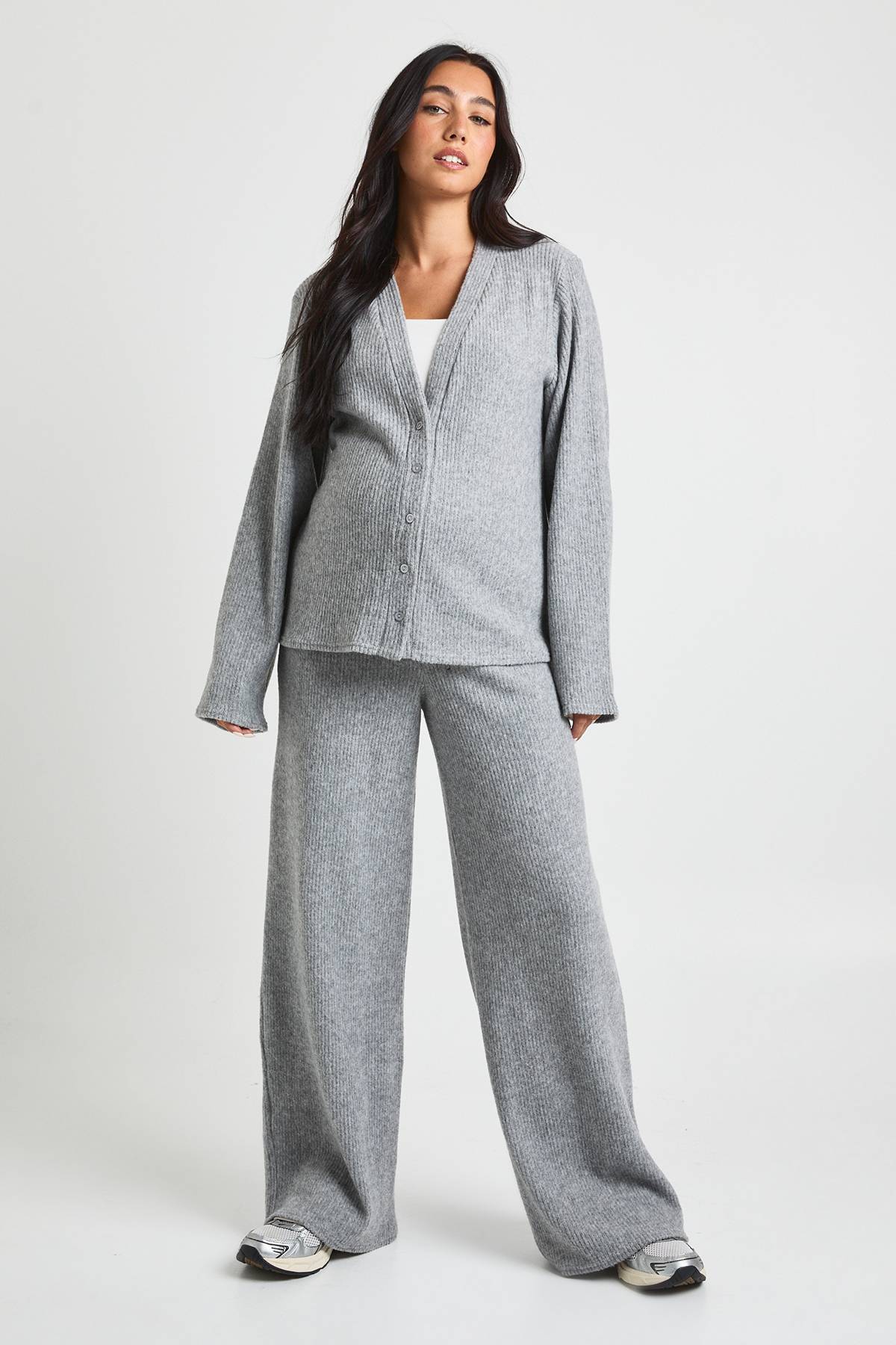 boohoo Cardigan ample à côtes douces pour maternité & Pantalon à jambes larges