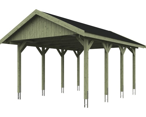 Enkele carport SKAN HOLZ Wallgau inclusief zwarte shingles en H-paalankers 430 x 600 cm geïmpregneerd