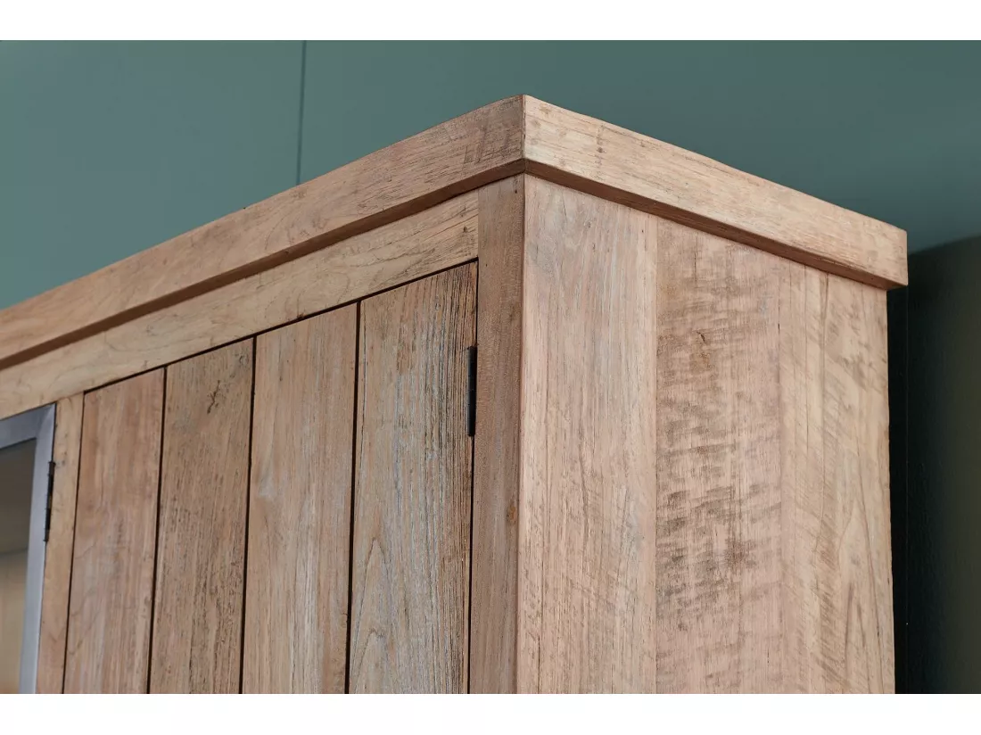 Buffet vaisselier en bois recyclé 3 portes 4 tiroirs éclairage LED - LINAS