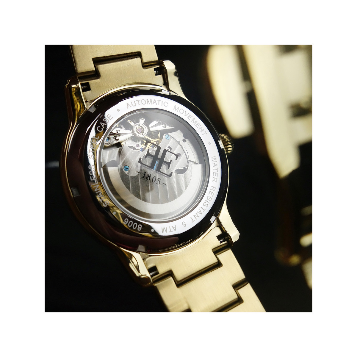 Montre EARNSHAW Longitude homme automatique acier noir bracelet cuir marron