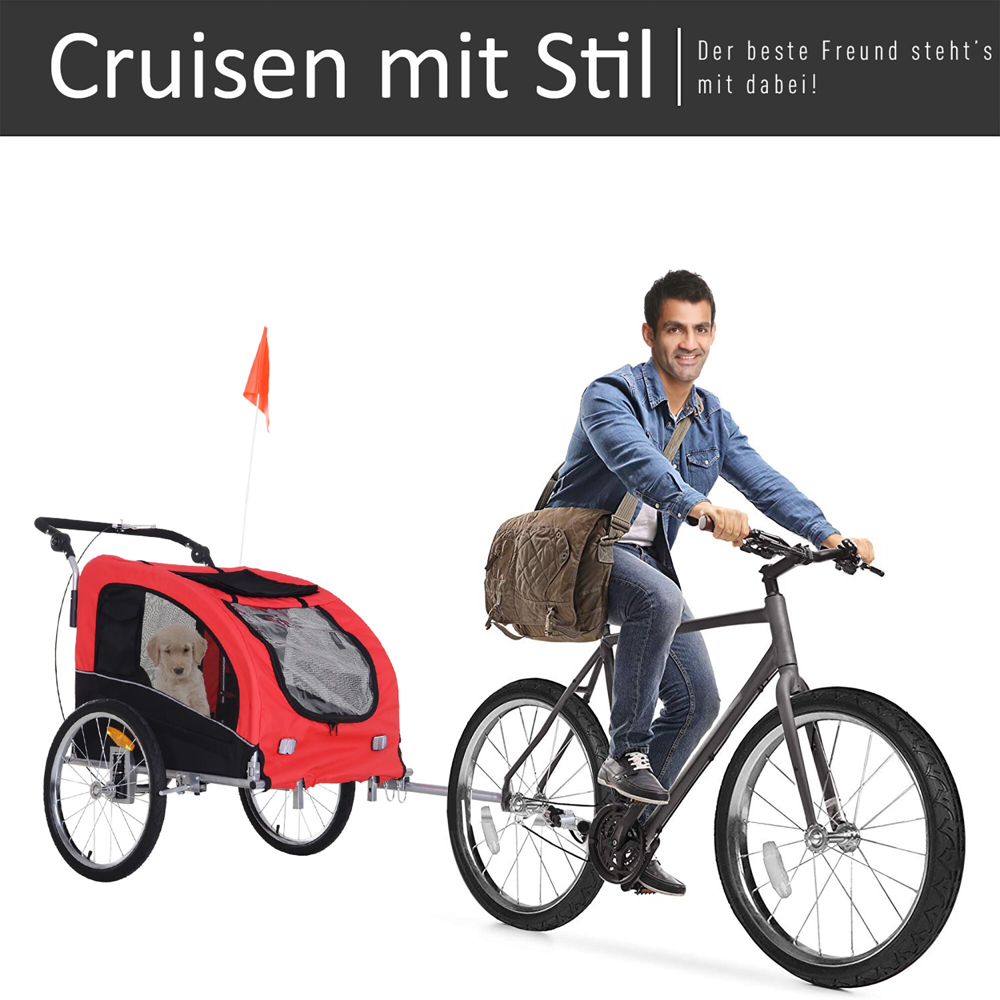 PawHut Hundeanhänger mit beidseitiger Feststellbremse rot, schwarz 130 x 90 x 110 cm (LxBxH)