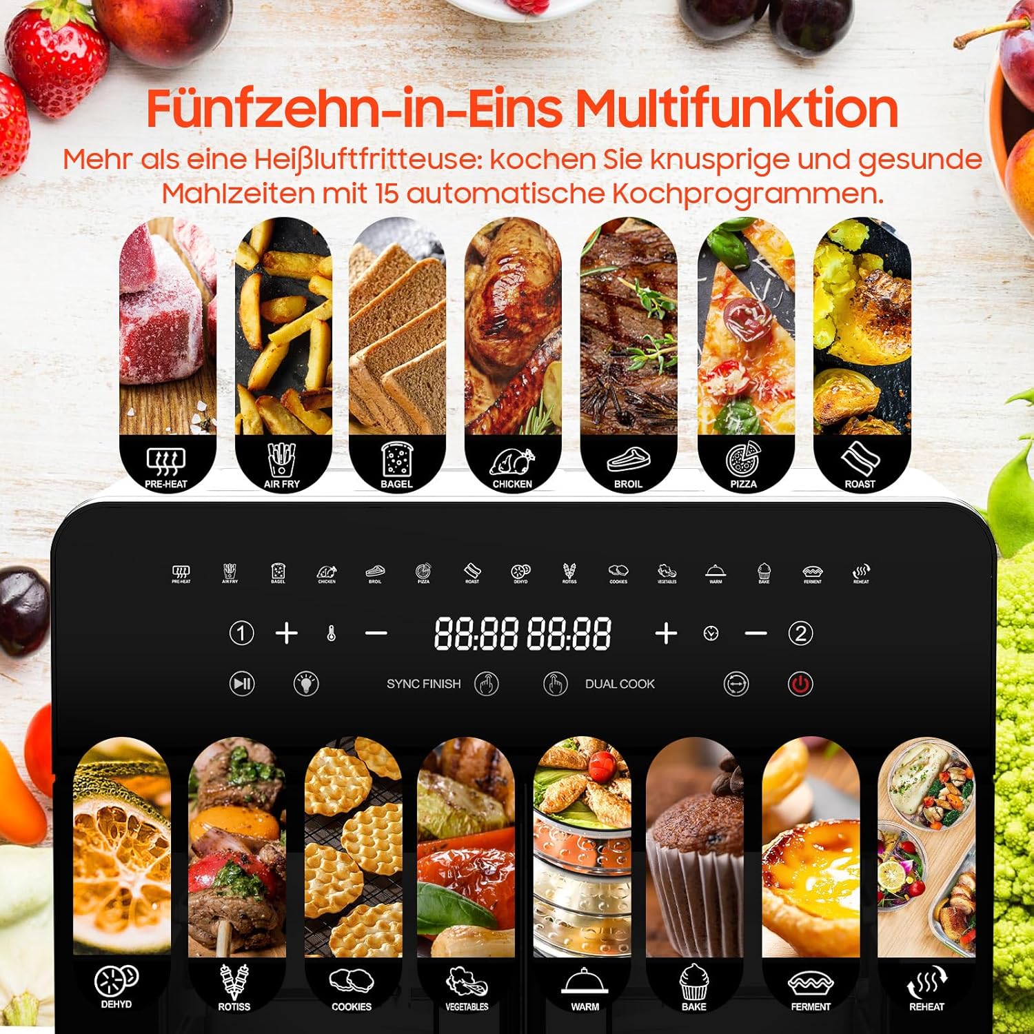 Heißluftfritteuse Dual Zone 23L - XXL Airfryer mit herausnehmbarem Trenner, Heissluftfritteuse mit French Door, 15 Programme, Großes Fenster, 5 Sets Zubehör, Rezepte
