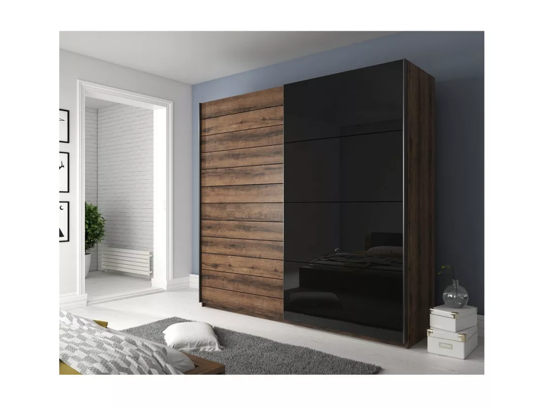 Chambre à coucher FLOYD : Armoire 220cm, Lit 140x200, commode, chevets. Couleur chêne foncé et noir brillant