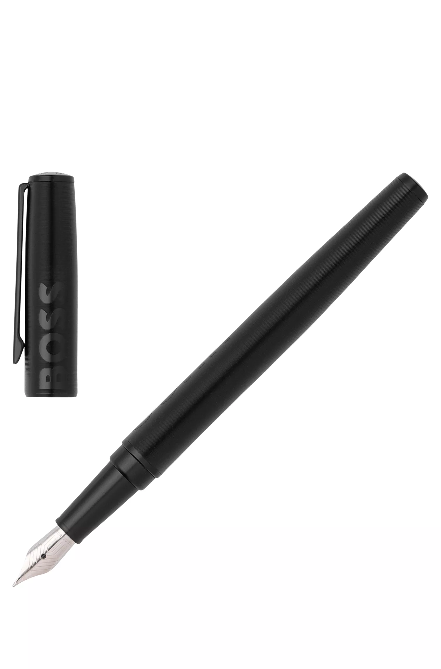Caneta-tinteiro BOSS preta com logotipo tonal.
