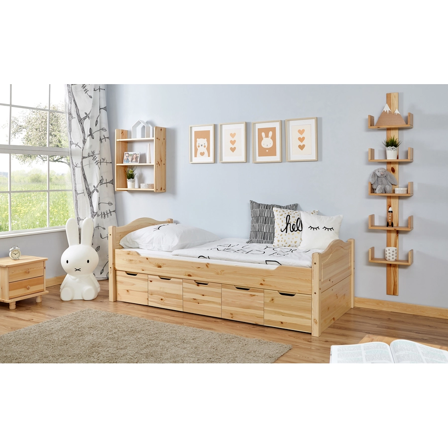 TiCAA Einzelbett Leni 90 x 200 cm Kiefer natur mit 5 Schubladen